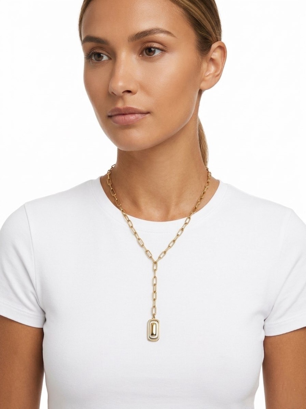NEW Minimalist Two-Tone Rectangular Pendant Necklace 18K Plated Gold & Silver